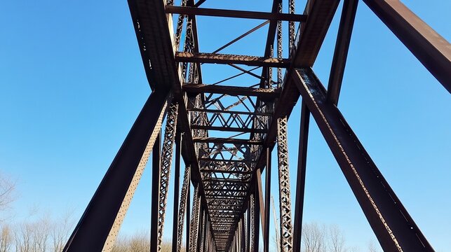 Steel-trussed bridge taken from a low perspective, emphasizing its robust construction and soaring against a bright blue sky, highlighting engineering expertise. 