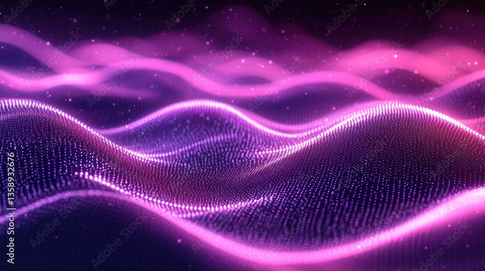 Poster abstract glowing neon pink wave pattern backdrop with particle flow and shimmering light effects for