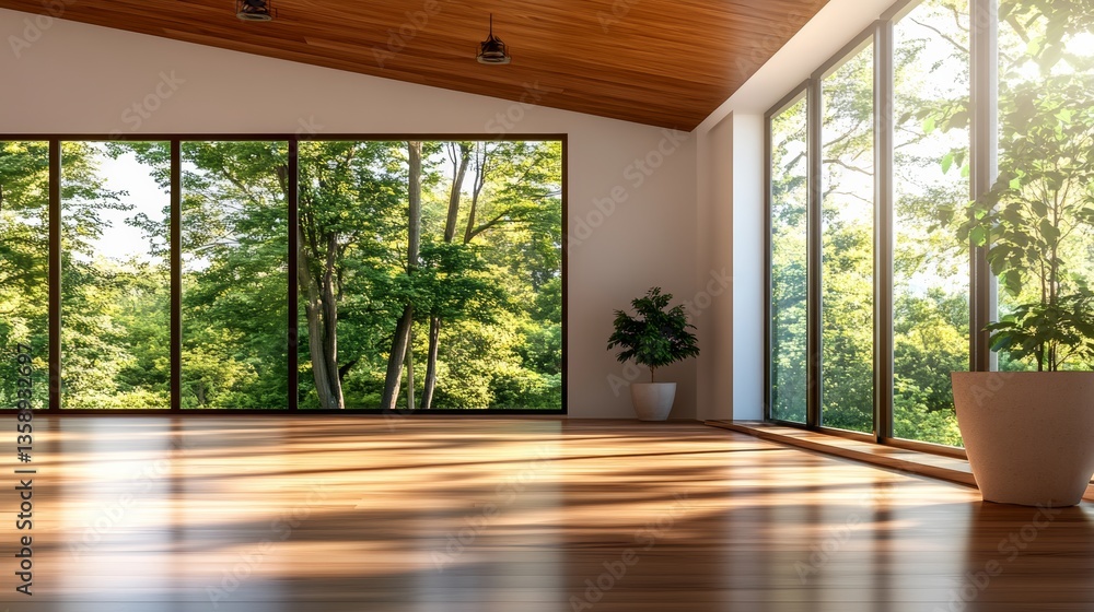 Poster large open room with a view of trees and a potted plant. the room is empty and has a lot of natural 