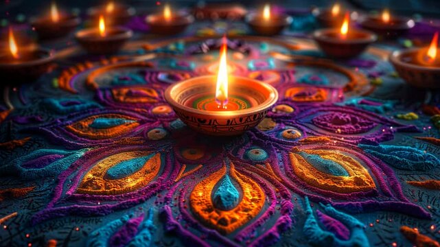 Video of decorative diya lamps placed on a rangoli during diwali festive celebration in india video
