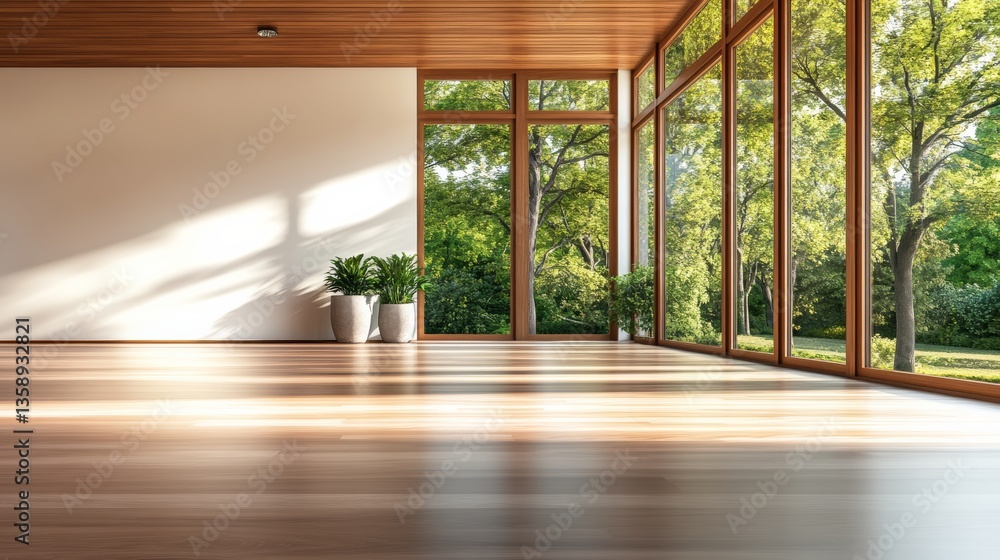 Poster large open room with a lot of natural light and a view of trees. the room is empty and has a minimal