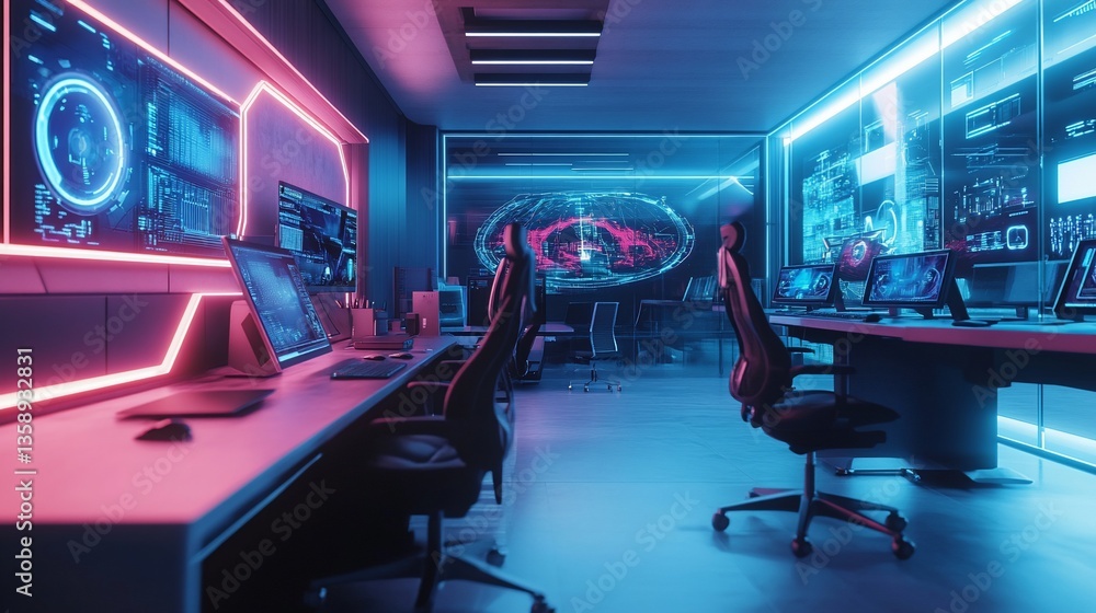 Aufkleber futuristic command center with neon lighting and multiple display screens data analytics