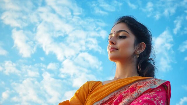 Video of a indian woman looking confident in a sky background wearing saree | Indian woman looking up | Woman empowerment Video