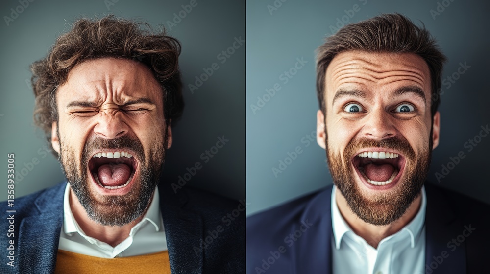 Poster two men with different facial expressions, one is angry and the other is happy. the angry man is mak