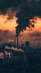 Obraz premium Thick black smoke billows into the sky during sunset in this dramatic industrial city wallpaper.