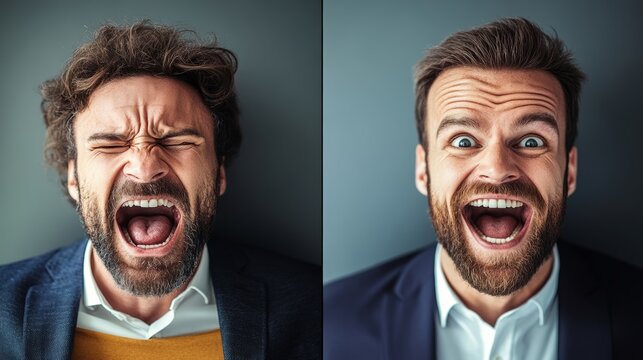 Two men with different facial expressions, one is angry and the other is happy. The angry man is making a loud noise while the happy man is smiling