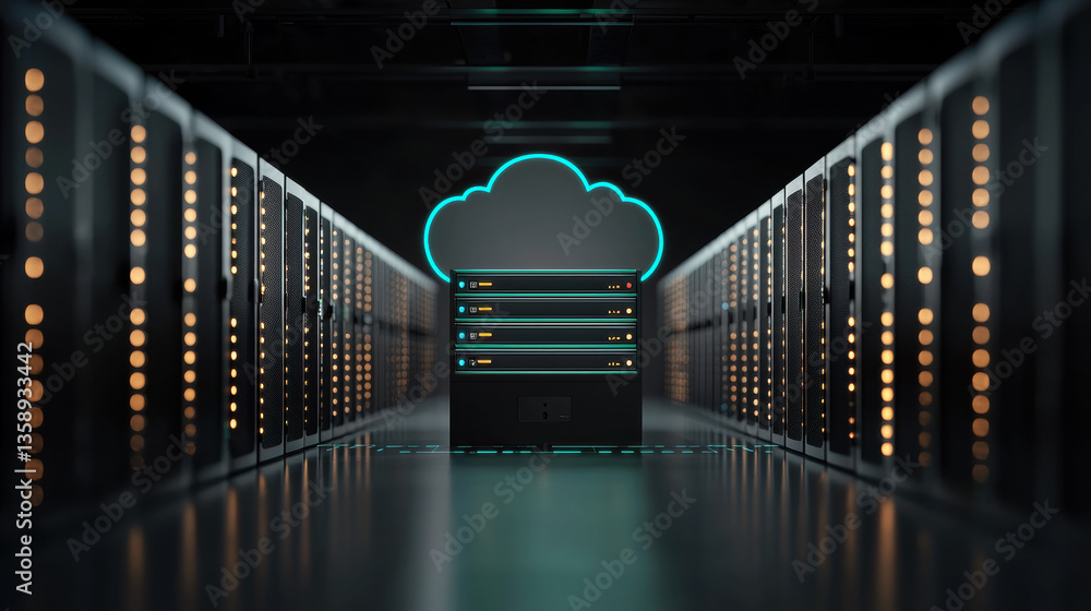 Aufkleber cloud base file storage cloud shaped server glowing in data center, symbolizing advanced technology
