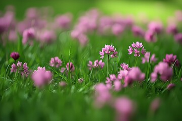 Obraz premium Soft focus field of clover flowers in full bloom stretching into distance creating peaceful summer nature scenery in romantic floral landscape with dreamy tones and natural growth rhythm