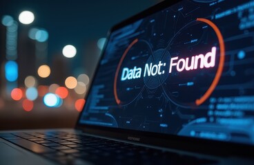 Laptop Screen Showing Data Not Found Error at Night