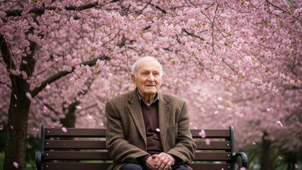 Fototapeta premium Elderly Caucasian man sits on bench near blooming cherry trees in a serene park. Soft light. Life well lived, peaceful retirement, spring.