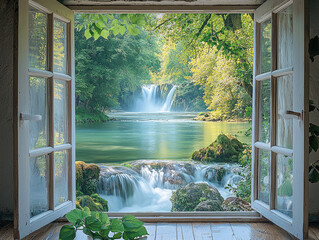 serene view of lush green landscape featuring waterfall and flowing river seen through open window. vibrant colors and natural beauty evoke sense of tranquility and peace
