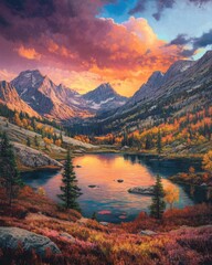 Obraz premium Mountain lake landscape with colorful sunset