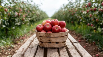 A collection of fresh, red apples placed in a traditional wooden basket, surrounded by apple trees, symbolizing the joy of harvest season in an orchard.