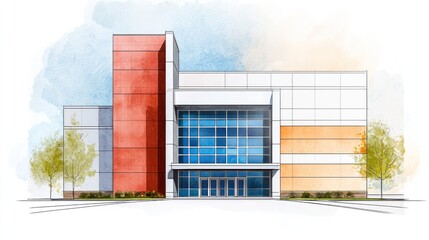 Obraz premium Architectural drawing of cultural center urban setting hand-drawn sketch contemporary design