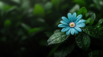 A vivid blue flower stands out against a backdrop of green leaves, glistening with rain droplets, capturing the essence of beauty and resilience in nature.