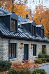 A stone house with a dark roof and windows in autumn