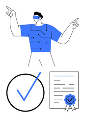 Man in VR glasses wearing a tech-inspired shirt, large checkmark affirming completion, and certified document indicating approval. Ideal for innovation, technology, education, certification
