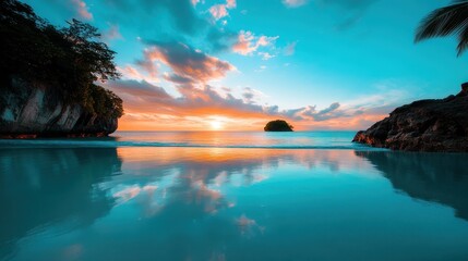 A serene sunset over the beach creates beautiful light reflections on the water surface, providing a perfect moment for inspiration and admiration of nature's peace.