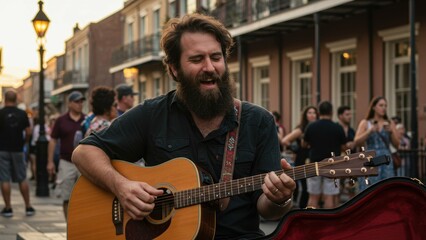 Obraz premium Bearded Caucasian man in his thirties plays a guitar on a city street as passersby watch Live music entertainment leisure