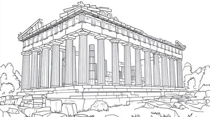 Greek temple drawing, outline, historical architecture, coloring book, educational, background, kids activity, simple design