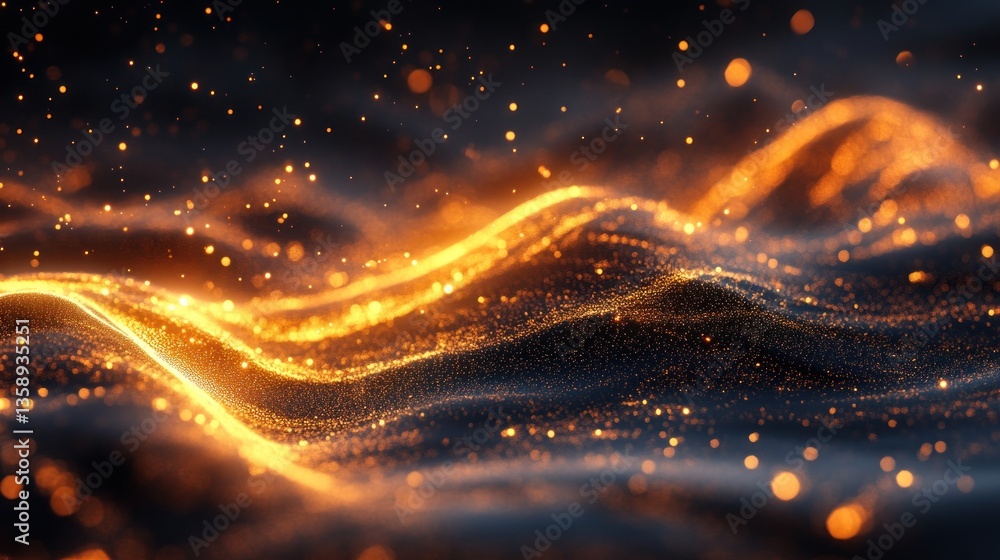 Poster shimmering golden particle streams flow over a dark surface creating an elegant abstract wave patter