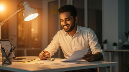 Young adult Indian businessman smiles working at desk late at night Laptop paperwork business charts illuminate dedication and entrepreneurship