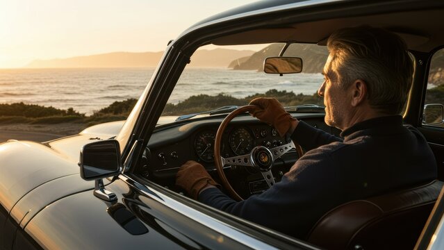 Middle aged Caucasian man drives vintage car along coastal road at golden hour. Wearing driving gloves, looking out to sea, travel and lifestyle. 