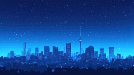 Fototapeta premium City skyline at night, starry sky, urban landscape, illustration, digital art
