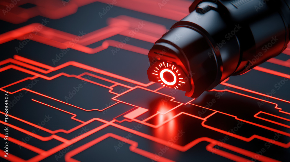 Poster cloud base file storage futuristic robotic arm scans digital circuit board with red glowing lines