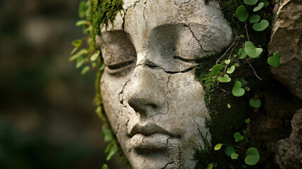 Obraz premium A stone-carved human face fragment, aged with time and covered in patches of soft moss and tiny sprouts. The rough chiseled surface contrasts beautifully with the delicate greenery, evoking a sense 