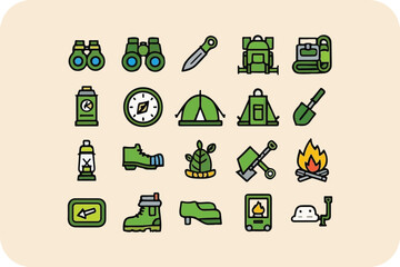 Collection of outdoor camping and adventure icons, featuring essential gear and equipment for exploration and nature activities.