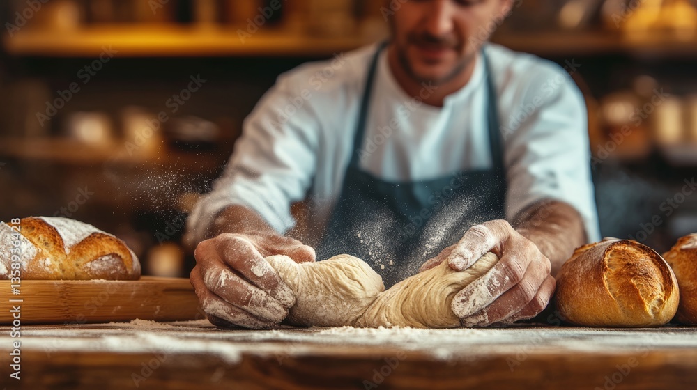 Poster man is making bread in a bakery. he is wearing an apron and has flour on his hands. there are severa