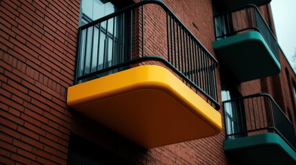 The striking combination of a bright yellow balcony against the rich texture of a red brick building creates an eye-catching architectural feature in an urban setting.