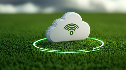 Cloud base file storage Cloud icon with Wi Fi symbol on grass, representing digital connectivity