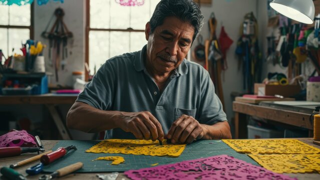 Hispanic senior man, at workshop, creating papel picado with tools on a table. Traditional folk art showcases cultural heritage and craftsmanship.