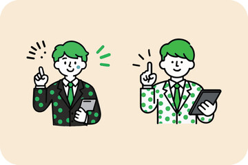 Two men with tablets, pointing upwards, illustrating ideas, solutions, or insights in a modern and vibrant design.