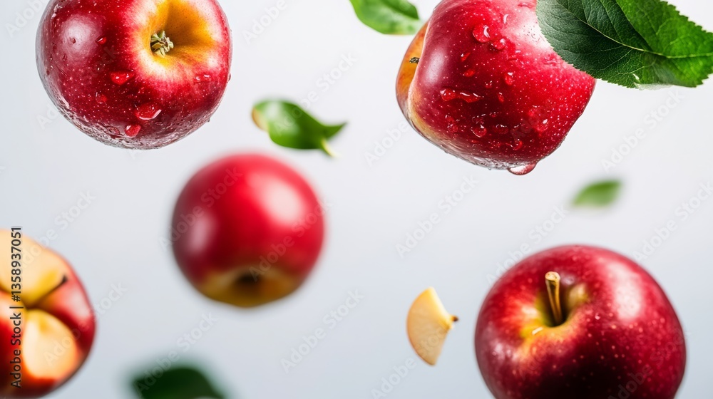 Poster close up of four apples with a leaf on top. the apples are in different positions, with one on the l