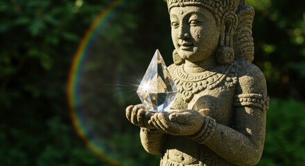 Serene Stone Buddha Statue Holding Crystal Prism in Garden Sunlight