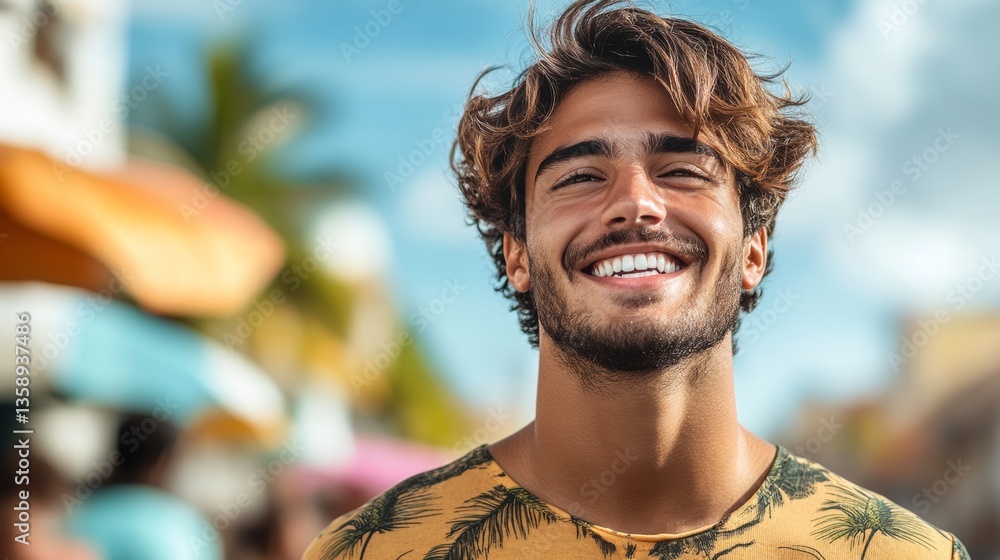 Poster man with a smile on his face is wearing a yellow shirt with palm trees on it. he is standing in fron