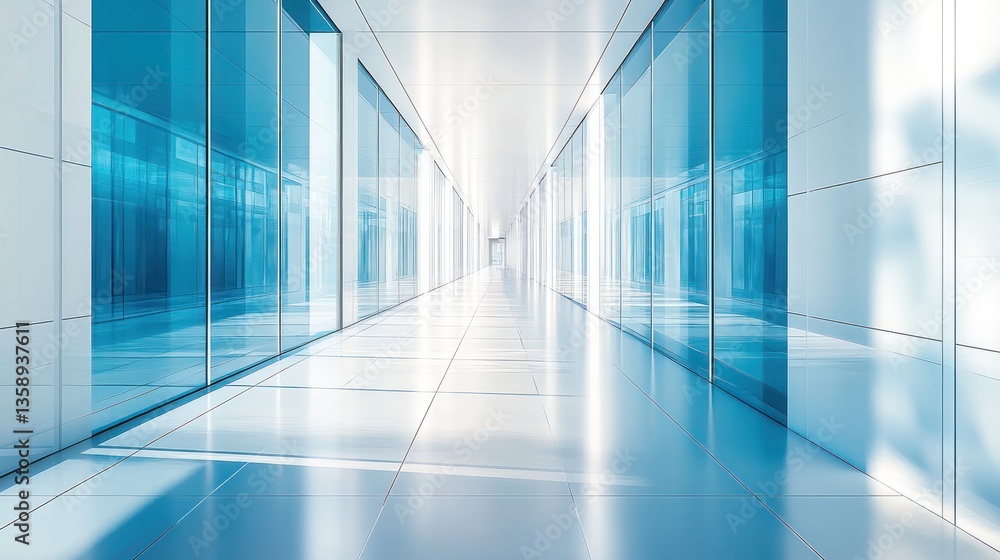 Poster modern architectural hallway with light reflections on tiled floor creating a futuristic and minimal