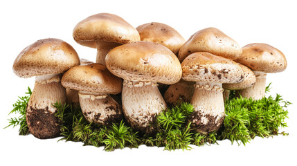 A group of mushrooms, champignons on a transparent background, with a small amount of green moss at the base of the legs.