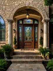 Elegant front entrance with stained glass and stone architecture.