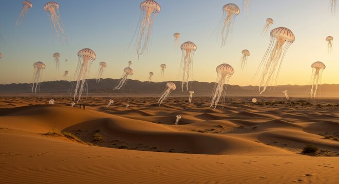 Surreal Desert Landscape with Numerous Jellyfish Kites Soaring Over Sand Dunes at Sunset