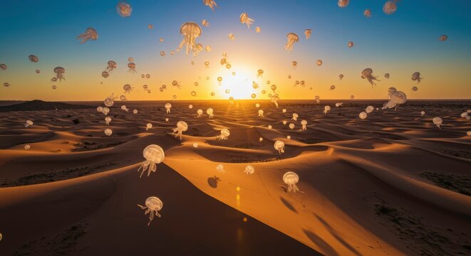 Surreal Sunset Jellyfish Swarm Over Desert Dunes at Golden Hour - Powered by Adobe
