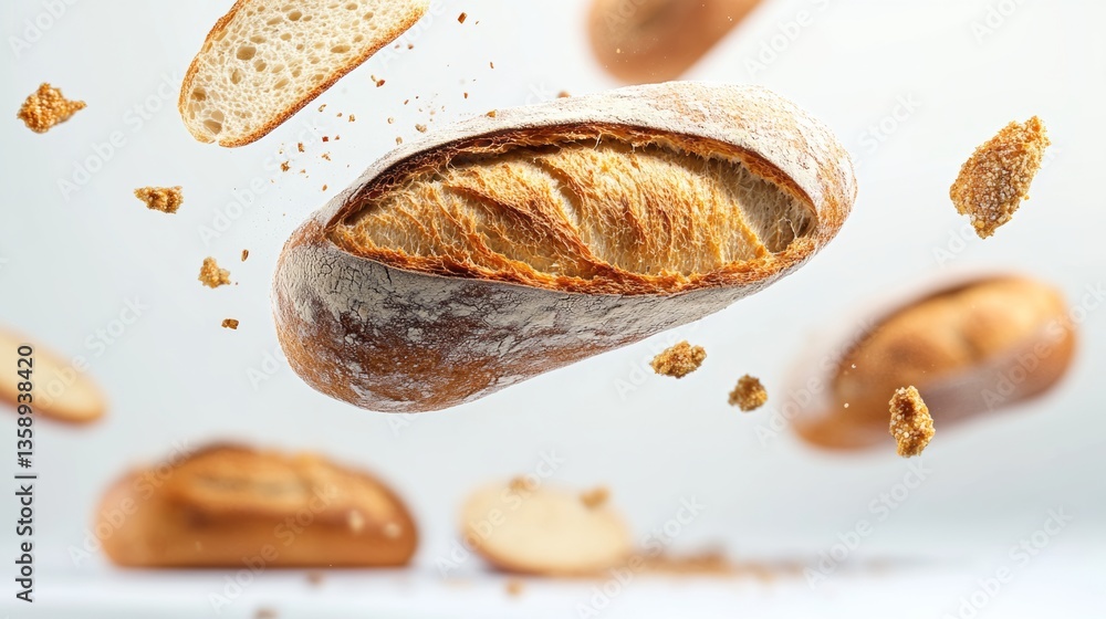 Poster close up of a piece of bread with a few crumbs falling from it. the bread is sliced and has a few pi