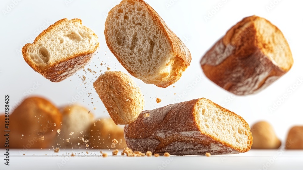 Aufkleber close up of a loaf of bread with a few slices missing. the bread is flying through the air, creating