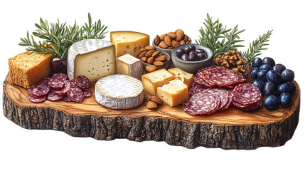 Wooden board with a variety of snacks on a transparent background. It contains various types of cheese, salami sausage, walnuts, almonds, olives, and fresh rosemary sprigs.