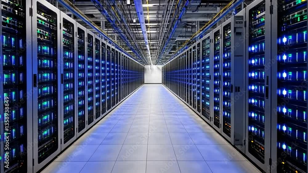 Poster data center filled with advanced servers showcasing technology generative ai