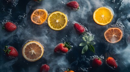 Floating citrus slices and strawberries in cold misty water.