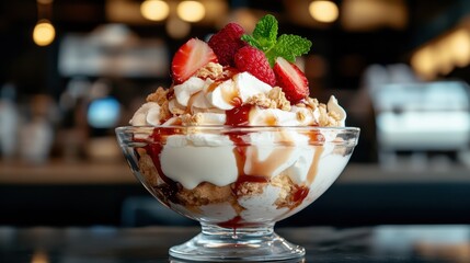 A glass bowl filled with a delightful parfait layered with whipped cream, berries, and crunchy toppings, presenting a visual treat that's both pleasing and appetizing.